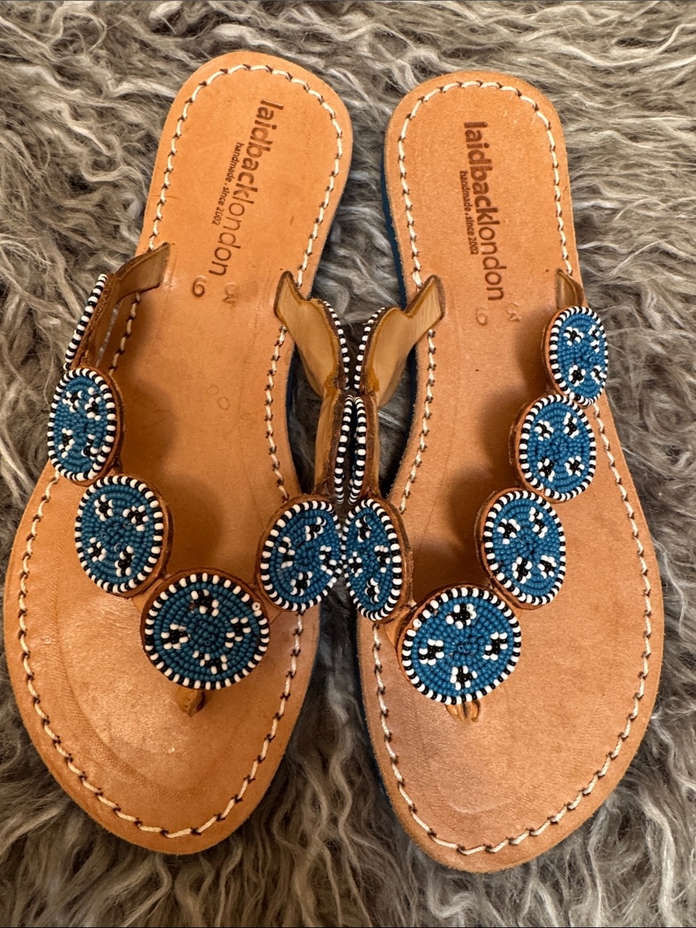 Laidback London Tan Leather Thong Sandals with Blue Beaded Discs